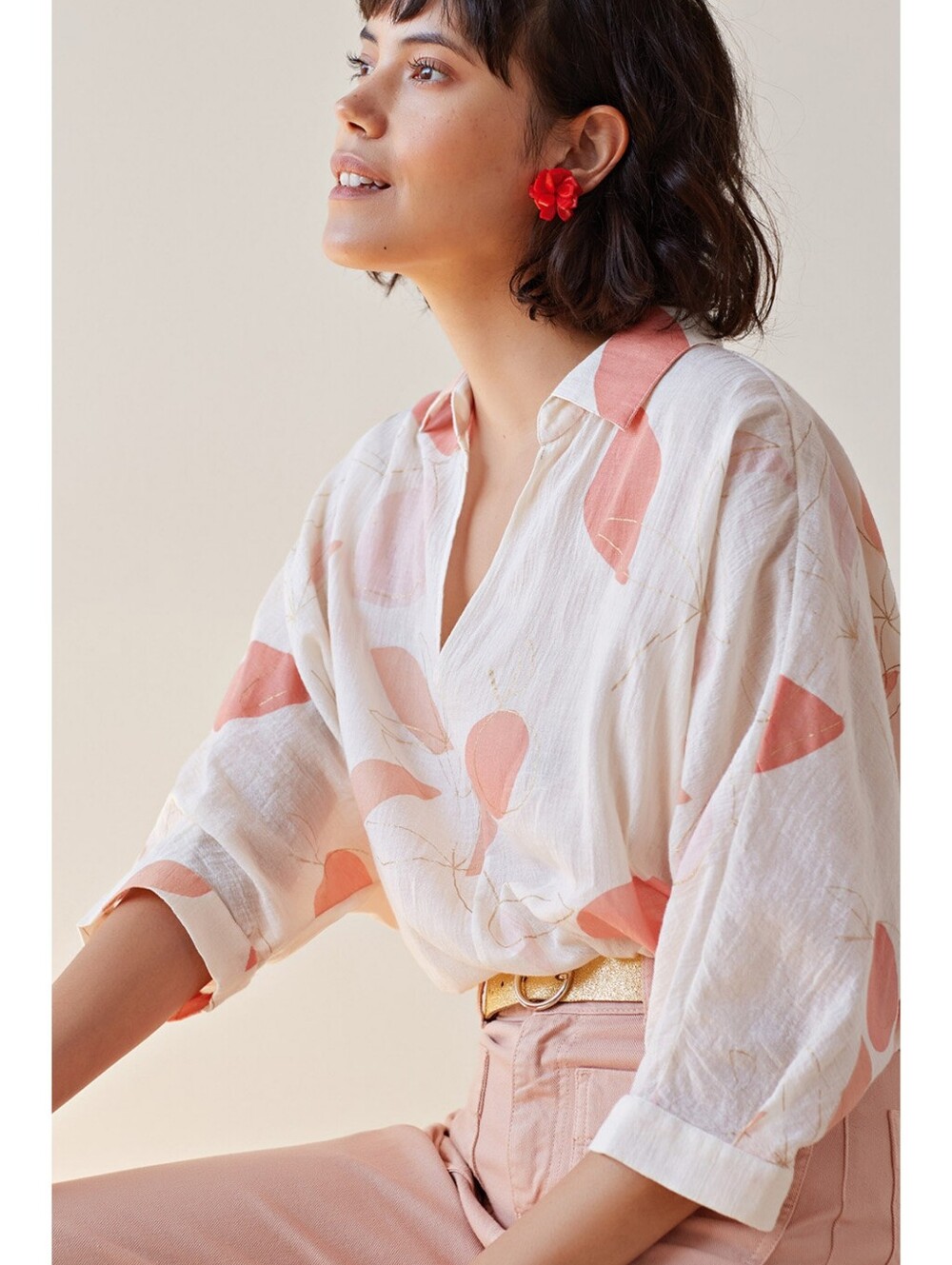 Des Petits Hauts Taki V-Neck Blouse Shirt Neroli Print Size Medium Cotton Voile
